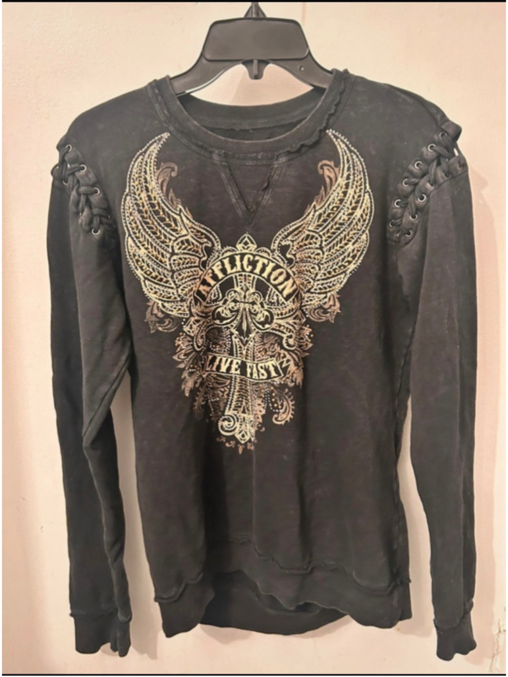 Women’s Affliction Sweatshirt Size M Black Gold Graphic Lace-Up Detail
